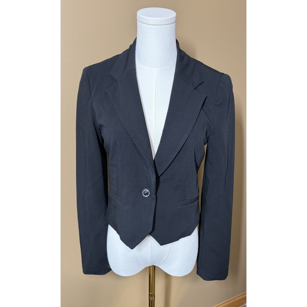 Forever 21 XXI Womens M Black Cropped Blazer Fitted One Button Y2K Jacket